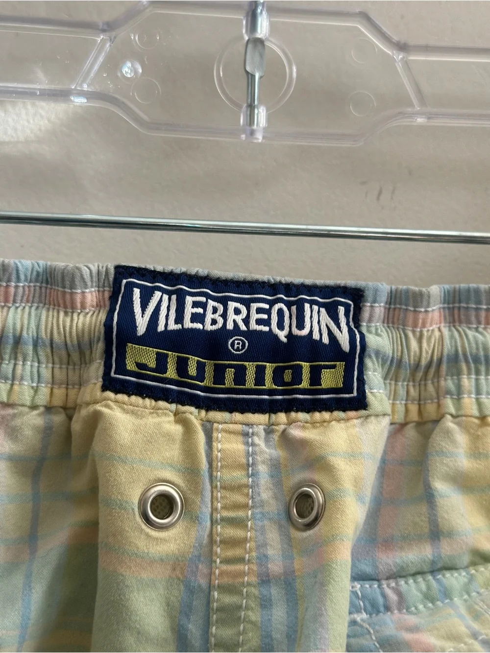 Vilebrequin Junior Boys Plaid Swim Trunks Size 8 Pastel Blue Yellow Mesh Lined